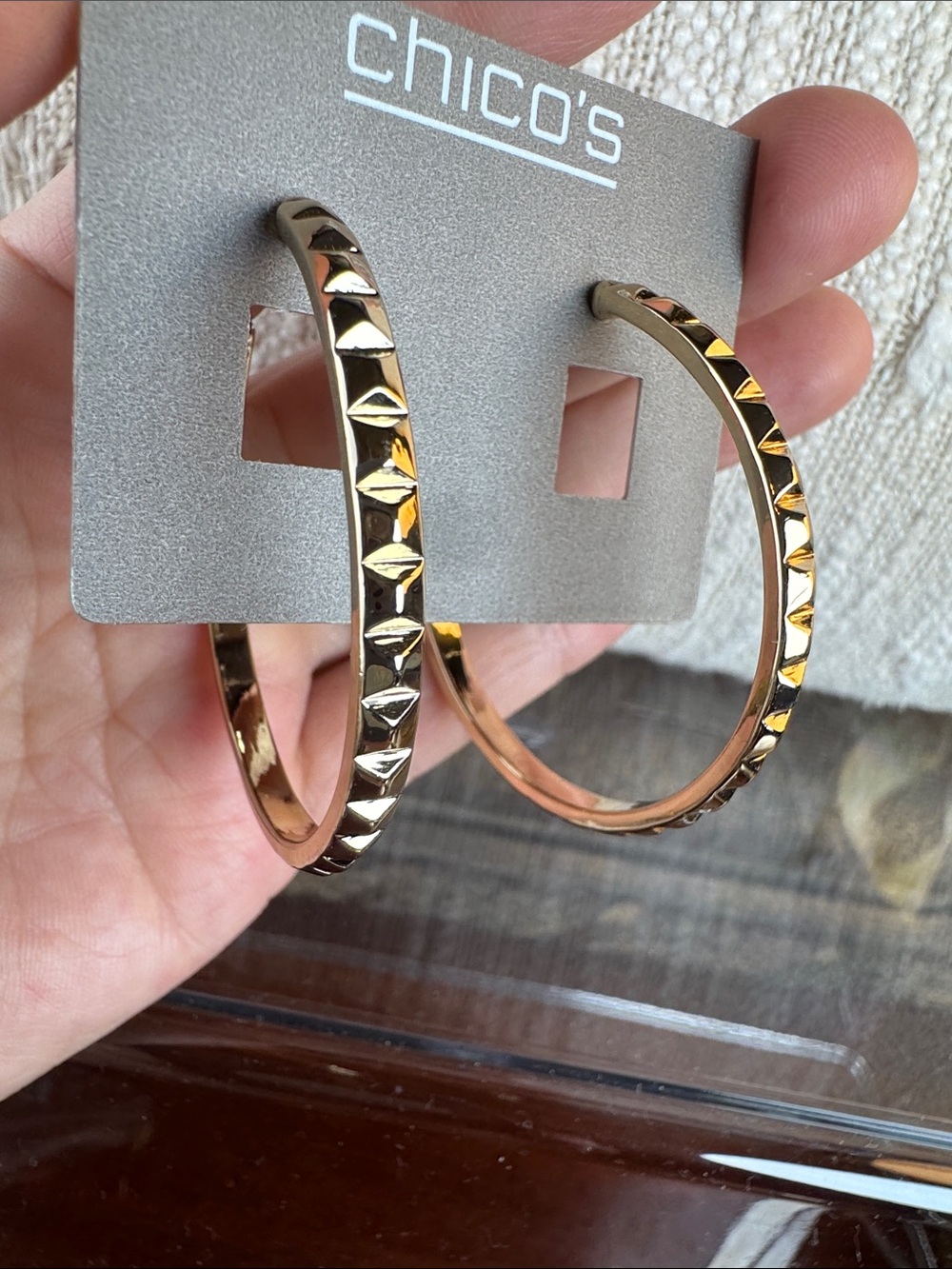 0346-Chico's‎ Gold Pyramid-Textured Hoop Earrings